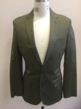J.CREW, Olive Green, Cotton, Spandex, Solid, Summerweight Cotton, Single Breasted, Notched Lapel, 2 Buttons, 3 Pockets, Navy Satin Lining