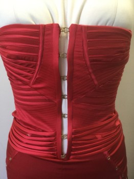 GUCCI, Tomato Red, Silk, Solid, Satin, Strapless Bustier Style Top with Gold Metal Hook Closures at Center Front Bust, Strappy Open Back, Draped Horizontal Straps at Hips, Bronze Decorative Grommets in Diagonal Lines at Hips, Floor Length Hem