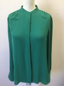 ANN TAYLOR, Emerald Green, Polyester, Solid, Crepe, Long Sleeve Button Front, Band Collar, Gathered at Shoulder Seams