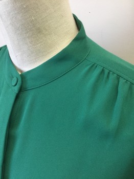 ANN TAYLOR, Emerald Green, Polyester, Solid, Crepe, Long Sleeve Button Front, Band Collar, Gathered at Shoulder Seams