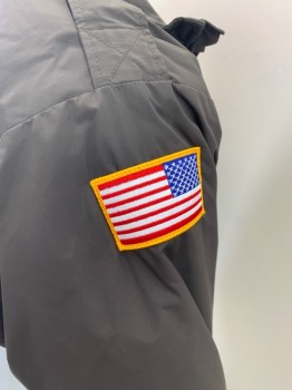 Mens, Fire/Police Jacket, FLYING CROSS, Dk Brown, Nylon, Polyester, Solid, M, Dark Brown with Light Khaki and Pea Green "Sheriff" Patch on Left Arm, USA Flag Patch on Right Arm, Zip Front, 4 Pockets with Gold Buttons on 2, Gold Button on Epaulettes, Elastic Cuffs and Waistband, Removable Liner with Barcode Written on Right Armscye