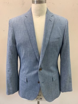 J CREW, Dusty Blue, White, Linen, Wool, Oxford Weave, Stripes - Vertical , Chambray, Button Front, 2 Buttons, 3 Button Sleeves, Notched Lapel, Darts, Double Vent