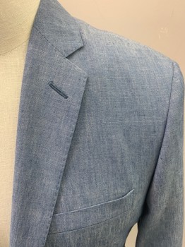Mens, Sportcoat/Blazer, J CREW, Dusty Blue, White, Linen, Wool, Oxford Weave, Stripes - Vertical , 40R, Chambray, Button Front, 2 Buttons, 3 Button Sleeves, Notched Lapel, Darts, Double Vent
