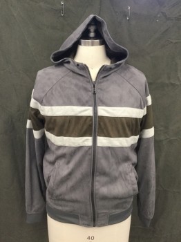 Mens, Leather Jacket, ZARA, Gray, Brown, Dove Gray, Polyester, Stripes, M, Faux Suede, Zip Front, Raglan Long Sleeves, 2 Pockets, Attached Hood, Ribbed Knit Waistband/Cuff