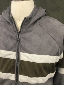 Mens, Leather Jacket, ZARA, Gray, Brown, Dove Gray, Polyester, Stripes, M, Faux Suede, Zip Front, Raglan Long Sleeves, 2 Pockets, Attached Hood, Ribbed Knit Waistband/Cuff