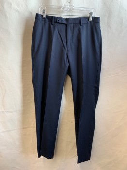 CALVIN KLEIN, Navy Blue, Wool, Solid, Flat Front, Zip Fly, Button Tab Closure, 4 Pockets, Belt Loops