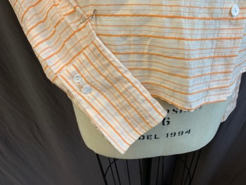 RON LEAL, Off White, Orange, Linen, Silk, Stripes - Horizontal , Collar Attached, Multi Size Horizontal Orange Stripes, Collar Attached, Diagonal Button Front, Long Sleeves with 5.5" Cuffs