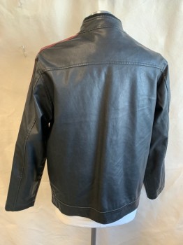 Mens, Leather Jacket, ARIZONA, Black, Lt Gray, Dk Red, Leather, Stripes - Horizontal , 46R, Mandarin/Nehru Collar with Black Knit Ribbed Trim, Light Gray/dark Red 1" Stripes on Shoulder & Long Sleeves and Across Upper Chest, 4 Pockets, Faded Dark Red Diamond Lining