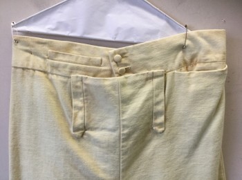 Mens, Historical Fiction Pants, N/L, Cream, Cotton, Solid, W:36, Military Uniform Breeches, Twill, Fall Front, Knee Length, Gold Buttons and Buckle at Leg Opening, Lacings/Ties at Center Back Waist, Made To Order Reproduction Late 1700's Early 1800's