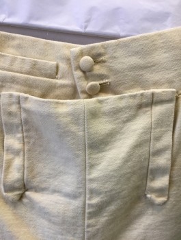 Mens, Historical Fiction Pants, N/L, Cream, Cotton, Solid, W:36, Military Uniform Breeches, Twill, Fall Front, Knee Length, Gold Buttons and Buckle at Leg Opening, Lacings/Ties at Center Back Waist, Made To Order Reproduction Late 1700's Early 1800's