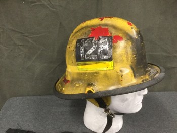 Unisex, Fire/Police Hat, N/L, Yellow, Black, Fiberglass, Solid, O/S, Fireman Helmet, Yellow Fiberglass, Black Plastic Trim, Fire Resistant Ear Flap Interior, Adjustable Cage Interior, Chin Strap, Aged, "128" Stickers on Either Side
