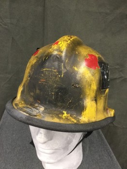 Unisex, Fire/Police Hat, N/L, Yellow, Black, Fiberglass, Solid, O/S, Fireman Helmet, Yellow Fiberglass, Black Plastic Trim, Fire Resistant Ear Flap Interior, Adjustable Cage Interior, Chin Strap, Aged, "128" Stickers on Either Side