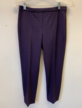 Womens, Suit, Pants, ELIE TAHARI, Purple, Black, Brown, Polyester, Viscose, Check , Size 2, Slacks, Mid Rise, Slim Cropped Leg, Faux Fly Detail at Front, Invisible Zipper at Side