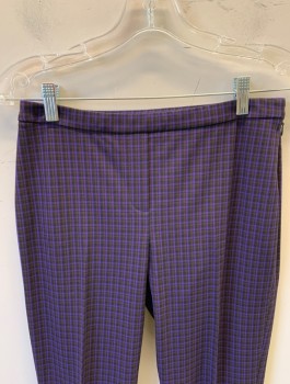ELIE TAHARI, Purple, Black, Brown, Polyester, Viscose, Check , Slacks, Mid Rise, Slim Cropped Leg, Faux Fly Detail at Front, Invisible Zipper at Side