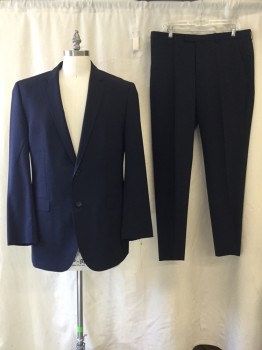 BOSS, Navy Blue, Wool, Elastane, Solid, Notched Lapel, Collar Attached, 2 Buttons,  3 Pockets,