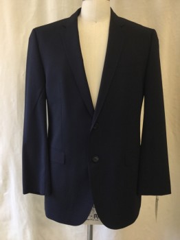 BOSS, Navy Blue, Wool, Elastane, Solid, Notched Lapel, Collar Attached, 2 Buttons,  3 Pockets,