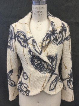 Womens, Blazer, GARFIELD & MARKS, White, Gray, Gold, Wool, Polyester, Floral, 10, White Thick Basket Weave, Gray Large Floral Print with Wisps of Gold, Double Breasted, Shawl Collar, Long Sleeves