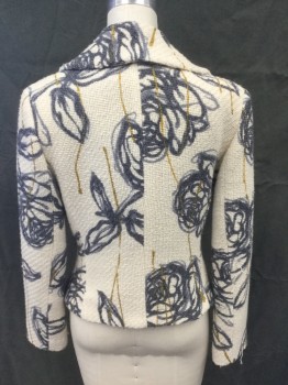 GARFIELD & MARKS, White, Gray, Gold, Wool, Polyester, Floral, White Thick Basket Weave, Gray Large Floral Print with Wisps of Gold, Double Breasted, Shawl Collar, Long Sleeves