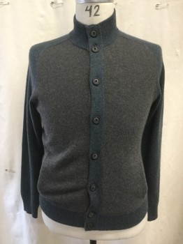 Mens, Cardigan Sweater, BLOOMINGDALE'S, Steel Blue, Brown, Cashmere, Heathered, L, Brown/Steel Blue Heathered Diagonal Stripe Body, Ribbed Knit Stand Collar/Waistband/Cuff, Heathered Steel Blue Collar/Shoulders/Sleeves/Waistband, Ribbed Knit Waistband/Cuff, 2 Pockets