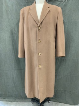 Mens, Coat, Overcoat, PERRY ELLIS, Camel Brown, Cashmere, Wool, Solid, 50, Single Breasted, Collar Attached, Notched Lapel, 2 Pockets, Long Sleeves * Stain and Hole Back Right About 5" From Hem*