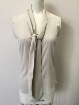 CALVIN KLEIN, Beige, Polyester, Solid, Sleeveless, Button Front, V-neck with Self Ties at Center Front Neck