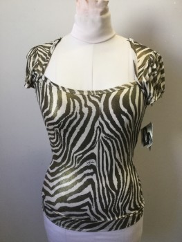 Womens, Top, BABY PHAT, Gold, Taupe, Polyester, Spandex, Animal Print, L, Gold Glitter Tiger Stripe, Scoop Neck, Gathered Short Sleeves with Cuffs, Waistband