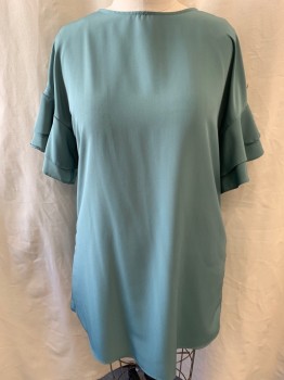 ZARA, Sea Foam Green, Polyester, Pullover, 3/4 Sleeve with Ruffles, Cut Out Back with 1 Pearl Button