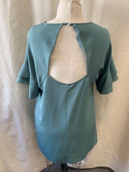 ZARA, Sea Foam Green, Polyester, Pullover, 3/4 Sleeve with Ruffles, Cut Out Back with 1 Pearl Button