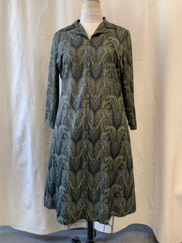 N/L, Olive Green, Black, Dk Olive Grn, Teal Green, Polyester, Paisley/Swirls, 1/2 Zip Front, Collar Attached, Notched Lapel, Long Sleeves, Hem Below Knee,