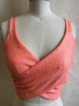 BEBE, Salmon Pink, Spandex, Floral, Diamonds, Self Criss-cross Gather Side, Solid 1" Straps & Side, Cropped Top, Zip Back,