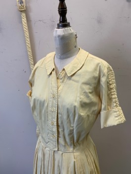 N/L, Yellow, Cotton, Solid, Short Sleeves, Shirt Waist, Collar with Rounded Shape, Pleated Skirt/Bottom, Knee Length, Pintucks Along Shoulder Seam, Early **With Matching Belt, Barcode: CF011493