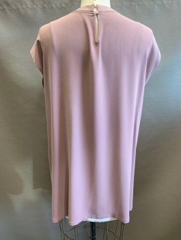 Womens, Top, EILEEN FISHER, Mauve Pink, Silk, Solid, L, Crepe, Cap Sleeves, Round Neck,  Pullover, Tunic, 1 Button at CB Neck