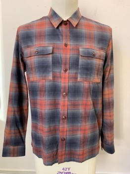 Mens, Casual Shirt, Ted Baker, Gray, Charcoal Gray, Rust Orange, Cotton, Plaid, 42, 17.5, L/S, Button Front, Collar Attached, Chest Pockets