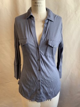 Womens, Top, JAMES PERSE, Blue-Gray, Cotton, Solid, M, Button Front, Collar Attached, 2 Flap Pockets, 3/4 Sleeve, Ribbed Knit Side Seam Panels and Under Sleeve Panels