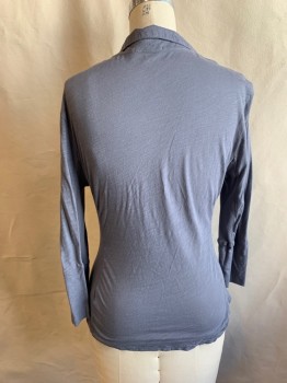 Womens, Top, JAMES PERSE, Blue-Gray, Cotton, Solid, M, Button Front, Collar Attached, 2 Flap Pockets, 3/4 Sleeve, Ribbed Knit Side Seam Panels and Under Sleeve Panels