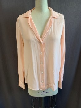 Womens, Blouse, EQUIPMENT, Pink, Silk, Solid, M, Collar Attached, Button Front, Long Sleeves