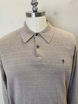POLO, Oatmeal Brown, Cotton, Stripes - Horizontal , C.A., 1/4 B.F., Olive Green Embroidered Logo On Left Chest, L/S, Ribbed Collar & Cuffs 