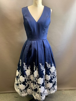 Womens, Cocktail Dress, CHI CHI CLOTHING, Navy Blue, White, Silver, Polyester, Solid, Floral, B34, Sz.6, W26, Sleeveless, V-neck, Full Skirt with White and Silver Floral Appliques at Hem, Pleated Waist, Layer of Tulle Underneath for Volume, Hem Below Knee