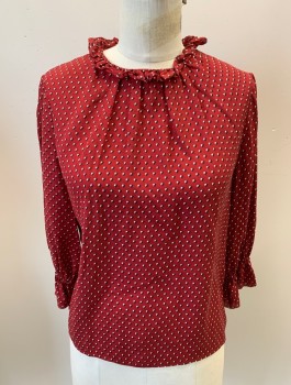 Womens, Blouse, FRAME, Maroon Red, Black, White, Silk, Hearts, S, L/S, Button And Loop Back, Sleeve Flounce, High Crew Neck With Ruffle