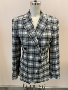 Womens, Blazer, THEORY, Midnight Blue, White, Wool, Elastane, Plaid, 0, Double Breasted, 6 Bttns, Notched Lapel, 2 Pckts With Flaps, Split Front, Marbled Buttons