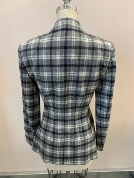 Womens, Blazer, THEORY, Midnight Blue, White, Wool, Elastane, Plaid, 0, Double Breasted, 6 Bttns, Notched Lapel, 2 Pckts With Flaps, Split Front, Marbled Buttons