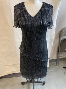 Womens, Evening Gown, CONNECTED, Black, Silver, Polyester, Lurex, Stripes, 10, V-N, S/S, Ribbed, Asymmetrical Ruffles, Padded Shoulders, 2000's