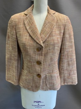 Womens, Blazer, ANNE KLEIN, Beige, Brown, Lt Yellow, Red-Orange, Melon Orange, Viscose, Cotton, Tweed, 2, Notched Lapel, Rounded Collar, Single Breasted, Button Front, 3 Buttons, 2 Patch Pockets