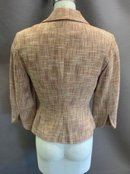 Womens, Blazer, ANNE KLEIN, Beige, Brown, Lt Yellow, Red-Orange, Melon Orange, Viscose, Cotton, Tweed, 2, Notched Lapel, Rounded Collar, Single Breasted, Button Front, 3 Buttons, 2 Patch Pockets