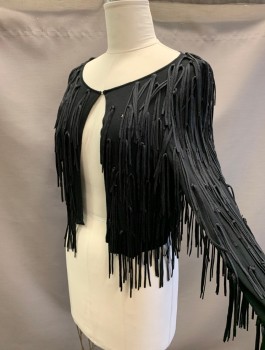 INC, Black, Rayon, Nylon, Solid, Jersey Knit with Nylon Corded Fringe Tassles Attached Throughout, Long Sleeves, 1 Hook & Eye Closure, Scoop Neck, Slightly Cropped Length