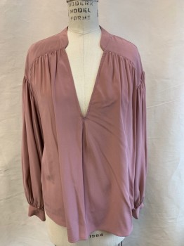 JOIE, Dusty Pink, Silk, Solid, V-N, Gathers At Yoke/Shoulders/Cuffs, L/S,
