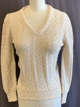HELEN SUE, Oatmeal Brown, Beige, Synthetic, Textured Fabric, Cable Knit, V Neck, L/S, Wrist & Waist Bands
