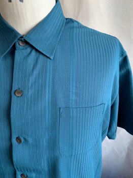 VAN HEUSEN, Teal Blue, Rayon, Polyester, Solid, S/S, Button Front, Chest Pocket, Self Stripe, Gray Pearl Buttons