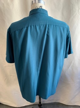 VAN HEUSEN, Teal Blue, Rayon, Polyester, Solid, S/S, Button Front, Chest Pocket, Self Stripe, Gray Pearl Buttons