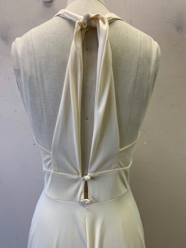 Cinandre, Pearl White, Nylon, Solid, Halter Top with Back Knot, Low Cut, Button Back